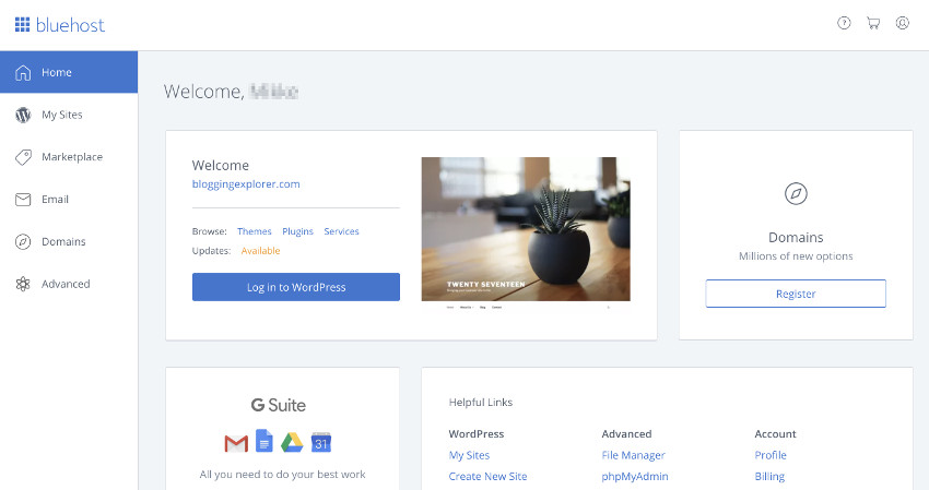 your new Bluehost account dashboard