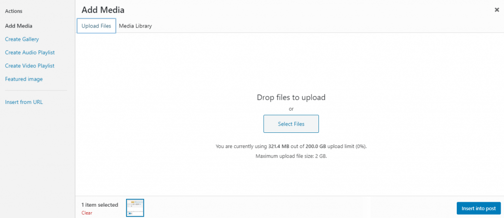 Upload media file to WordPress platform by using the add media tool